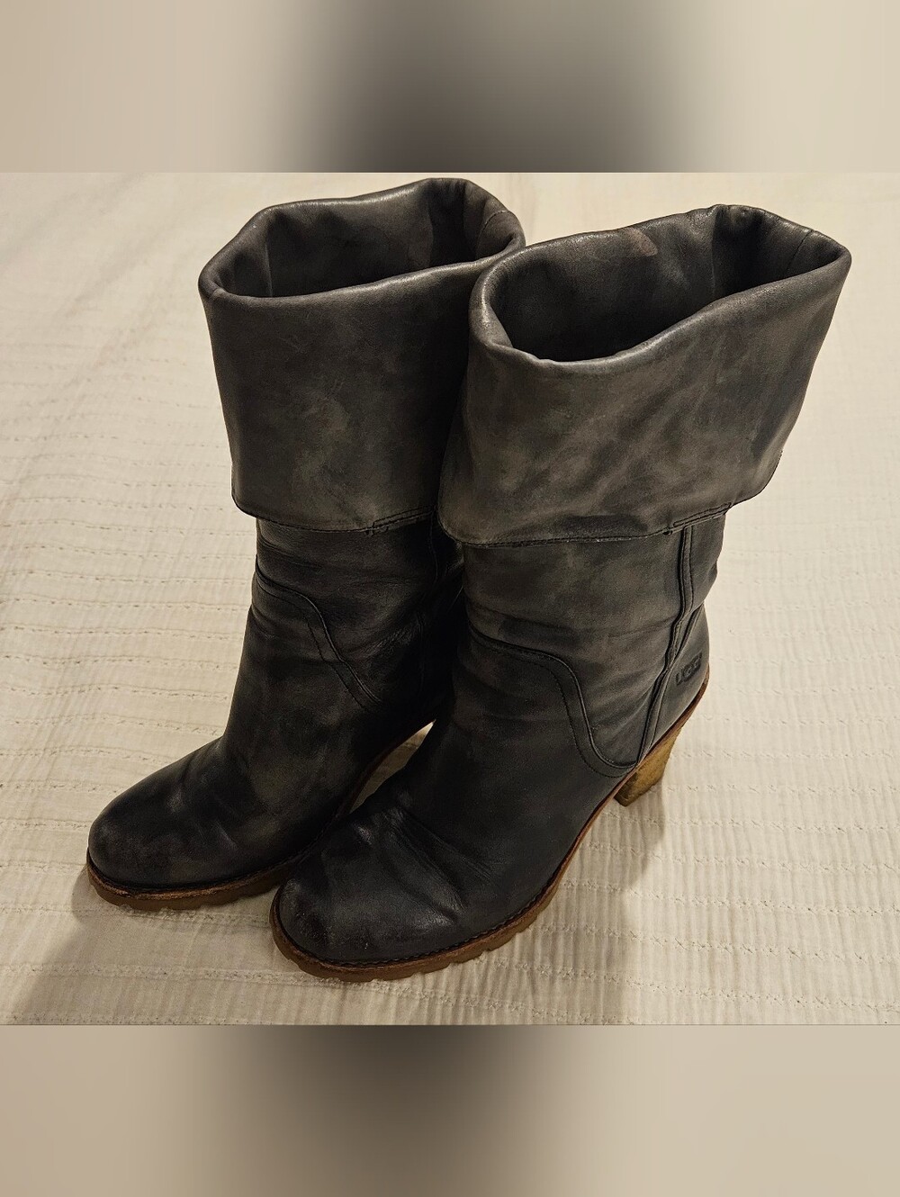 UGG Tall Slouch Pull-on Gray Leather Shearling Lug Sole Boots sz 8 VGUC